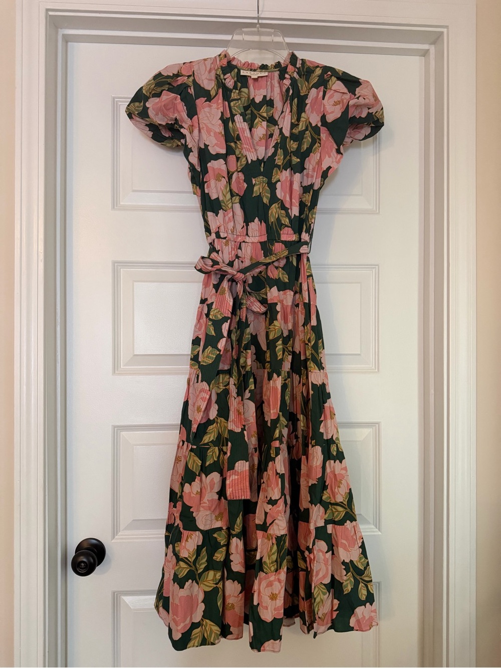 Laroque Floral V-Neck Tie-Waist Midi Dress - Pink Floral on Green